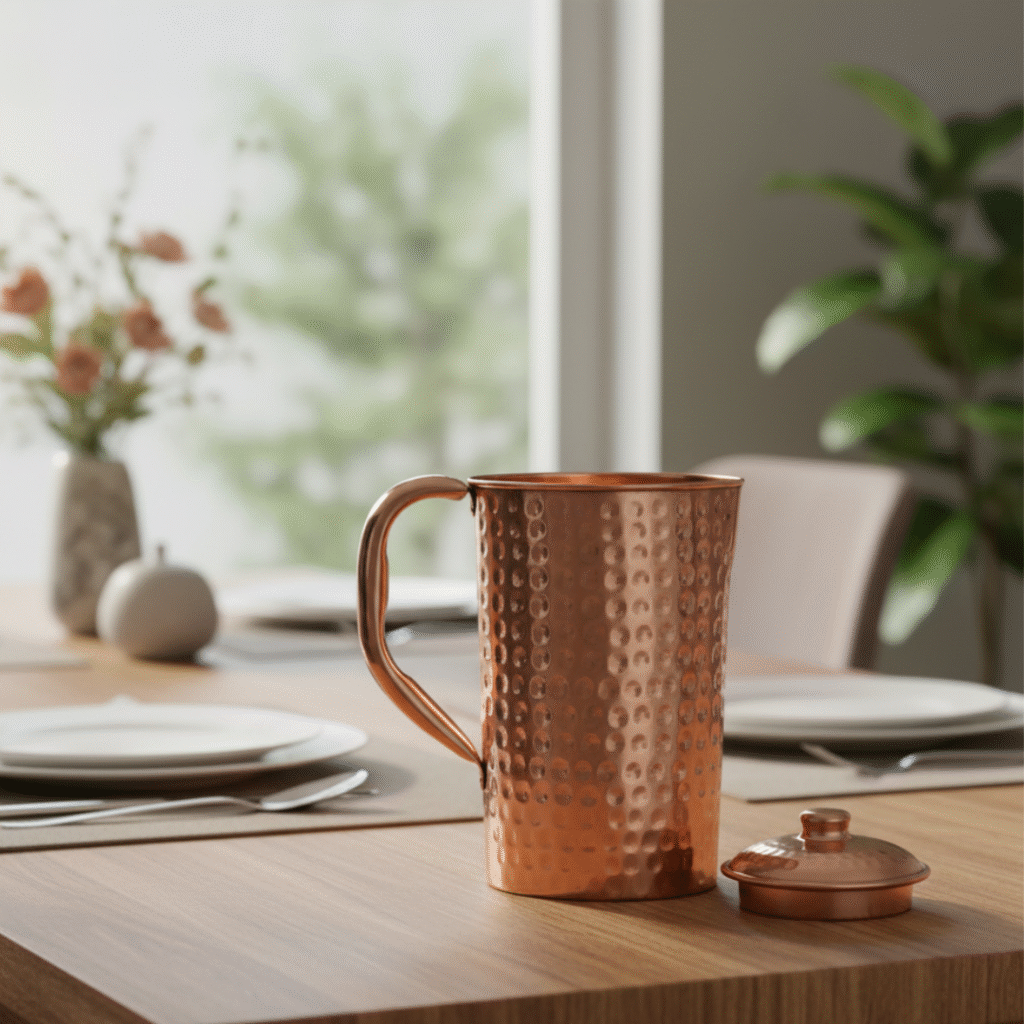 Pure Copper Hammered Water Jug with Lid | 1500 ML Ayurvedic Pitcher on table