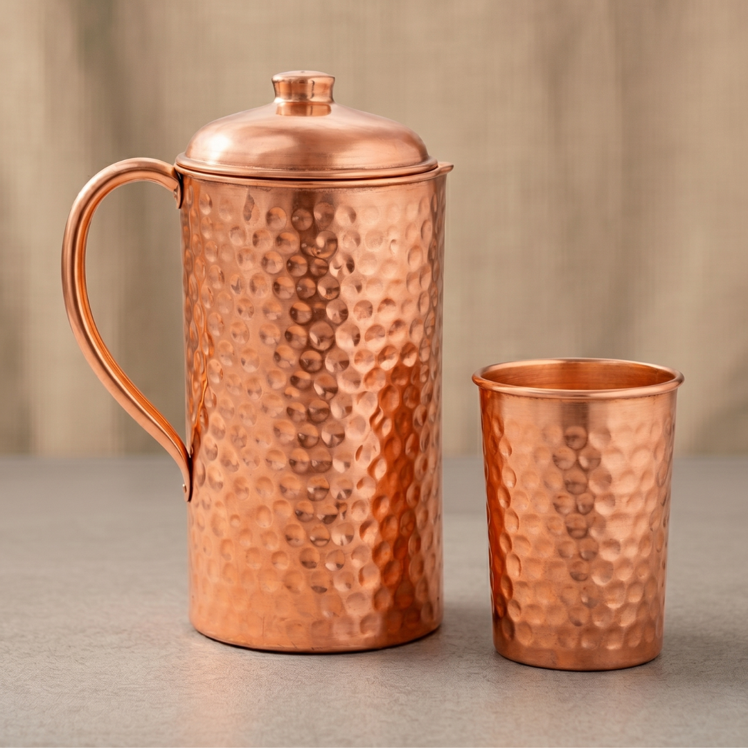 Set Of 1 Pure Copper Jug and 1 Glass