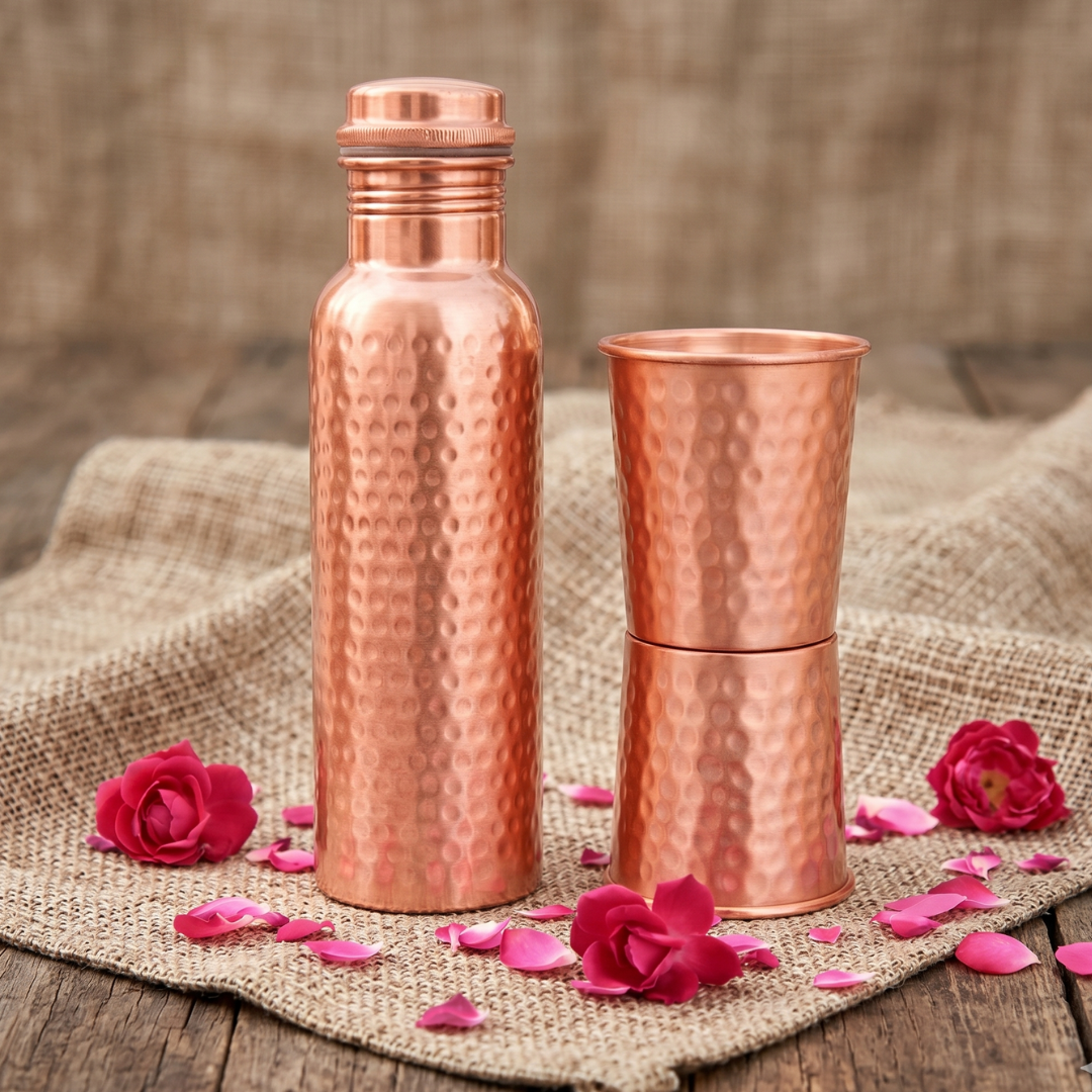 Set of 1 Copper Bottle and 2 Glass